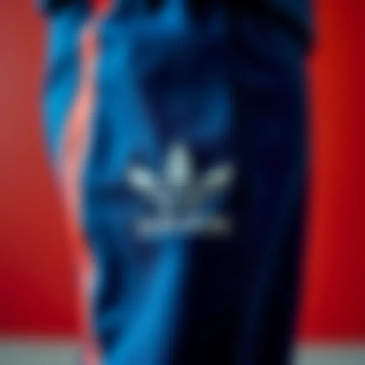 Close-up of fabric texture of Adidas blue tracksuit bottoms