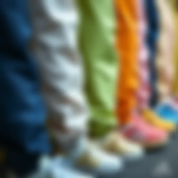 Different color variations of tapered sweatpants neatly arranged