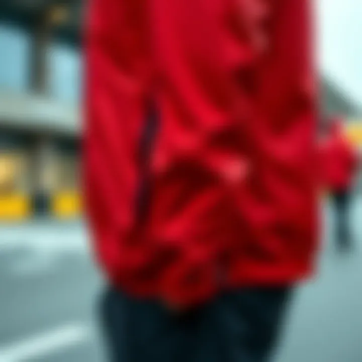 Detailed view of the Adidas red rain jacket showcasing its sleek design
