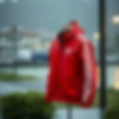 Adidas red rain jacket displayed in an outdoor setting with rain
