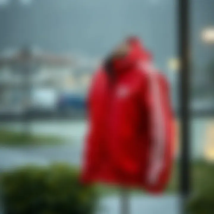 Adidas red rain jacket displayed in an outdoor setting with rain