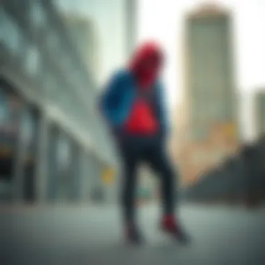 Sporty Attire with Adidas Spiderman Shoes Adidas Spiderman shoes paired with sporty attire in an urban setting
