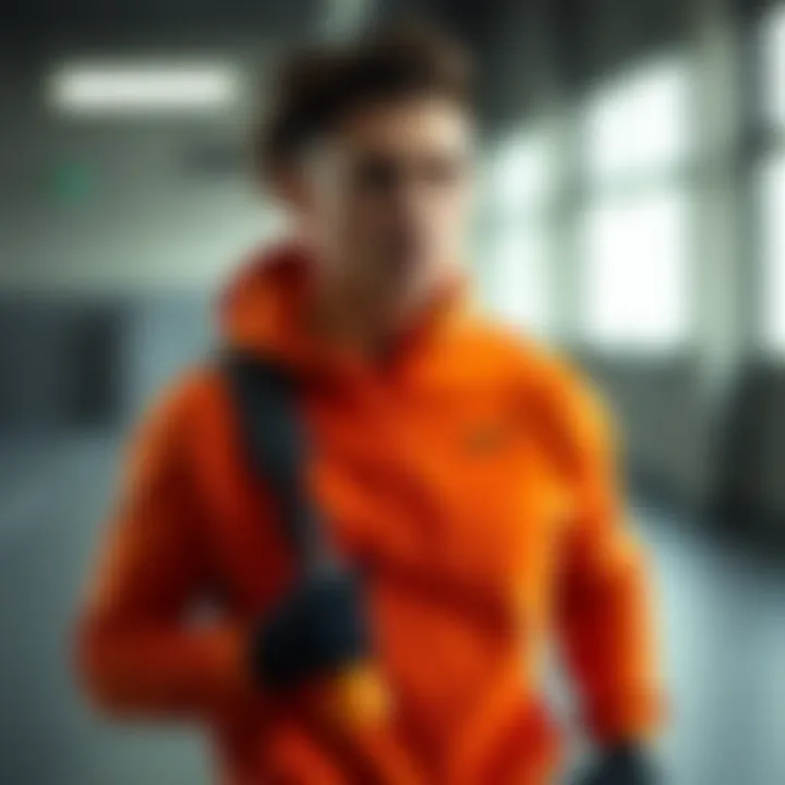Athlete styling in orange tech fleece during workout session