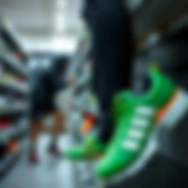 An athlete selecting the right turf shoes on a shop shelf.