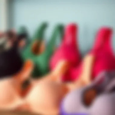 A variety of athletic bras displayed to showcase different materials and styles