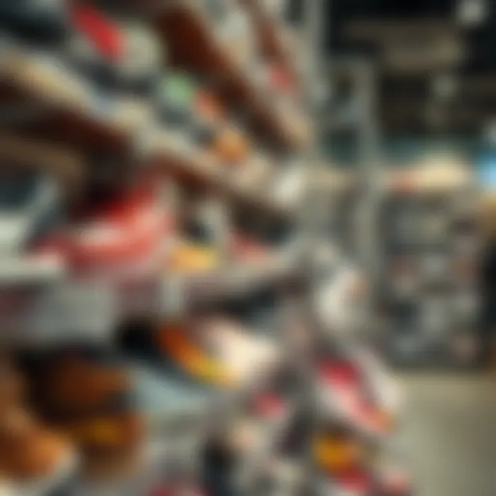 Various types of shoes displayed on a retail shelf