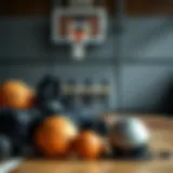 Basketball training equipment displayed neatly