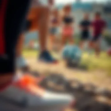 Group of athletes showcasing different sports shoes during an outdoor activity