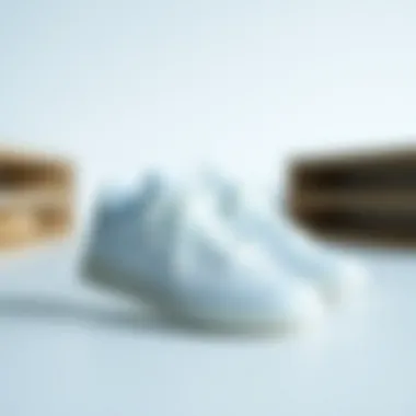 Elegant display of Adidas white sports shoes on a minimalist background