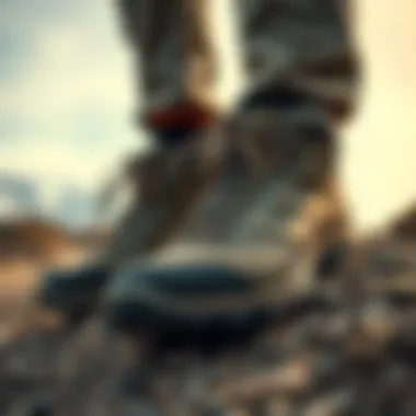 Close-up of durable hiking shoes on rocky terrain