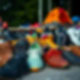 A variety of camp shoes displayed outdoors