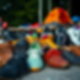 A variety of camp shoes displayed outdoors