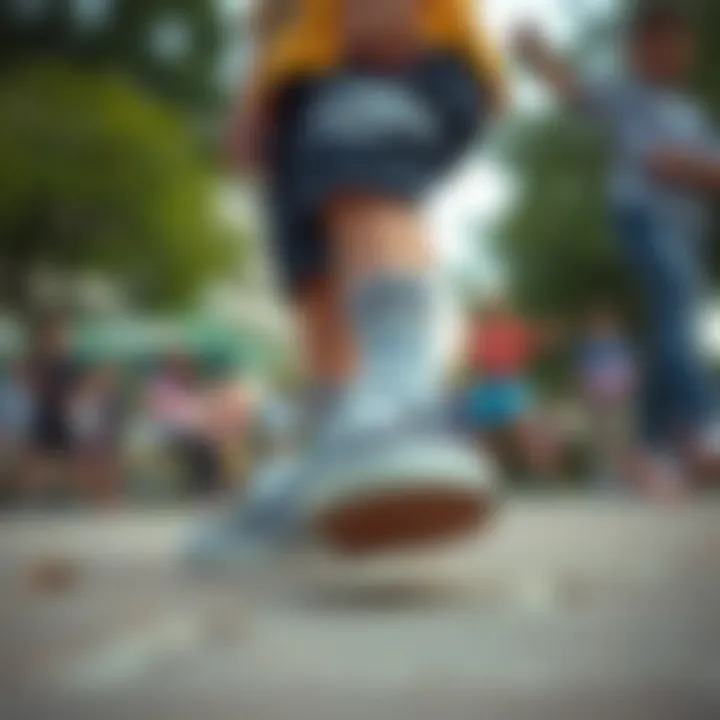 Child wearing Vans shoes in a playful outdoor setting