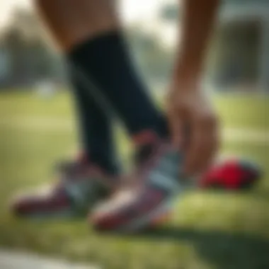 An individual performing maintenance on turf shoes, cleaning them thoroughly.