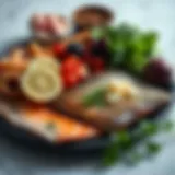 A vibrant spread of collagen-rich foods including fish and leafy greens.