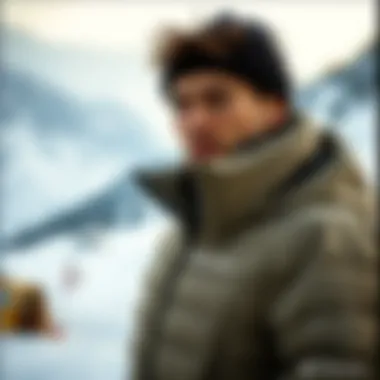 Outdoor scene with a model wearing Columbia puffer jacket in winter landscape