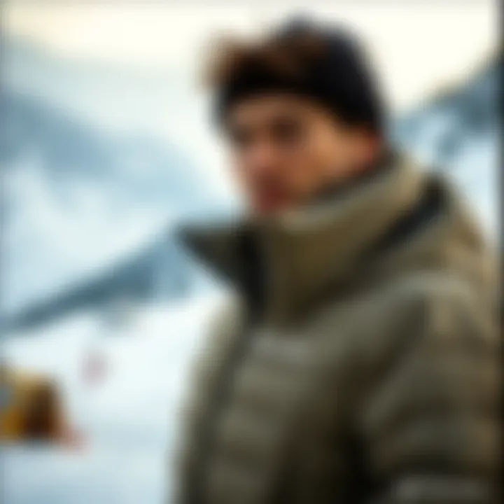 Outdoor scene with a model wearing Columbia puffer jacket in winter landscape