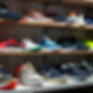 An array of different types of fitness shoes displayed on a shelf