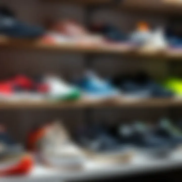 An array of different types of fitness shoes displayed on a shelf