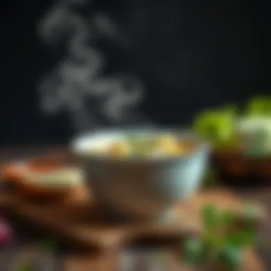 A bowl of steaming cabbage soup garnished with herbs