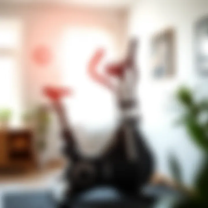 A serene home gym featuring an elliptical bike with natural light