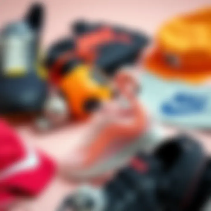 Flamingo sneakers arranged with various sports gear and accessories