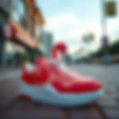 Stylish flamingo-themed sneakers displayed in a vibrant urban setting