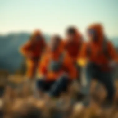 Group of friends enjoying various activities in orange tech fleece