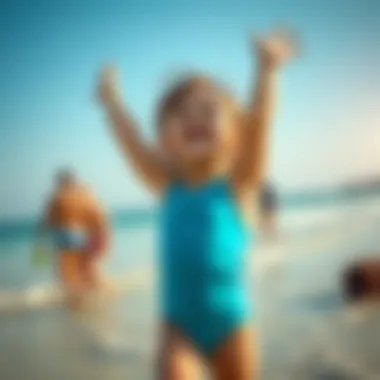 Joyful Beach Moments in Stylish Swimsuits A child happily wearing a swimsuit at the beach