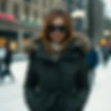 Stylish woman wearing a parka in a snowy urban setting