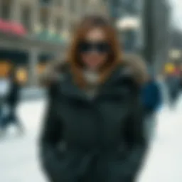 Stylish woman wearing a parka in a snowy urban setting