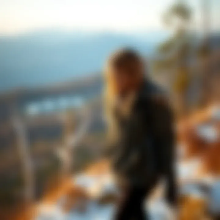 Winter landscape with a woman in a stylish parka walking