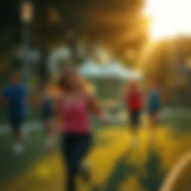 Vibrant outdoor scene of individuals engaging in cardio exercises
