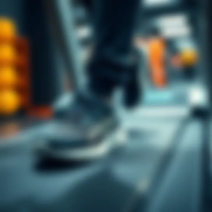 Close-up of running shoes on a treadmill