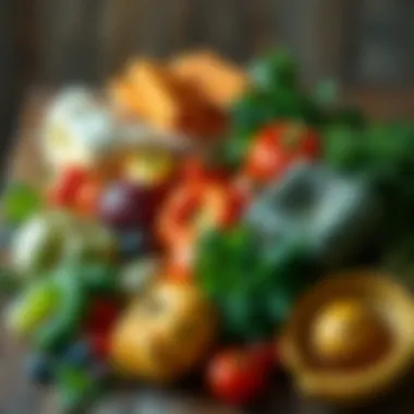 A vibrant array of fresh vegetables and fruits arranged artistically on a wooden table.