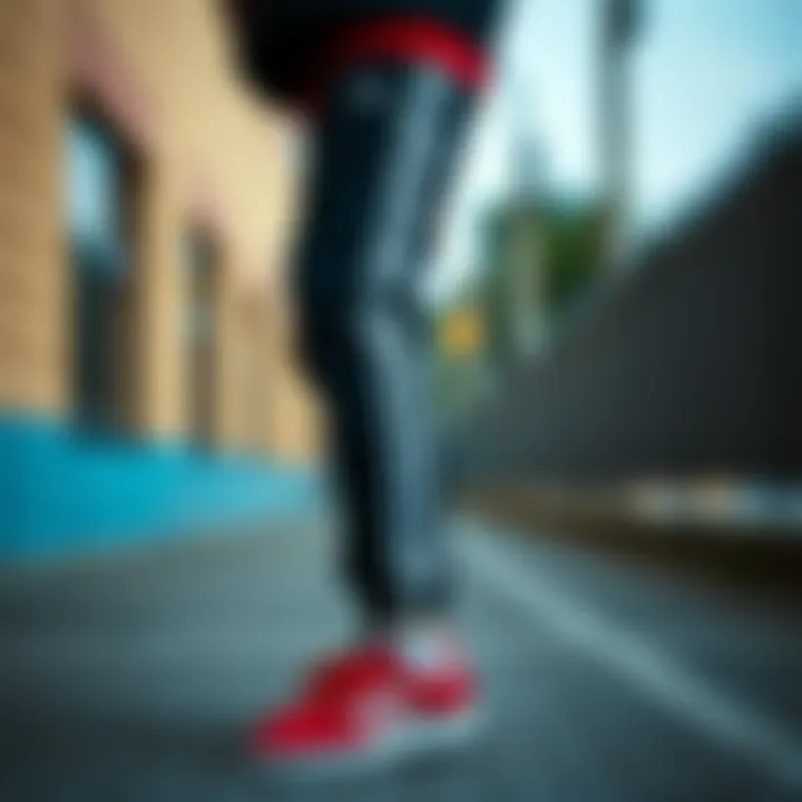 Fashionable outfit paired with red Adidas sneakers for a sporty look