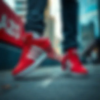 Vibrant red Adidas sneakers showcased in an urban setting