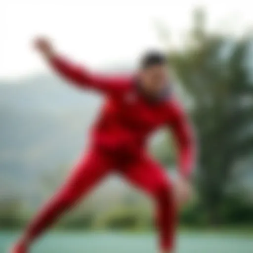 Dynamic pose of a person wearing a red Adidas tracksuit during a workout session