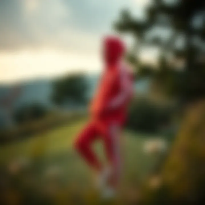 A serene outdoor setting showcasing a person in a red Adidas tracksuit