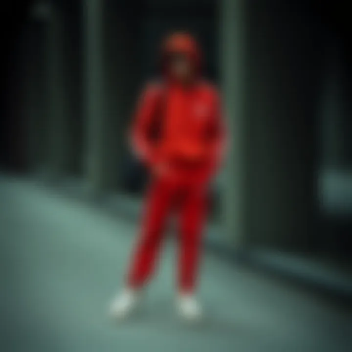 Stylish combination of a red Adidas tracksuit with trendy accessories