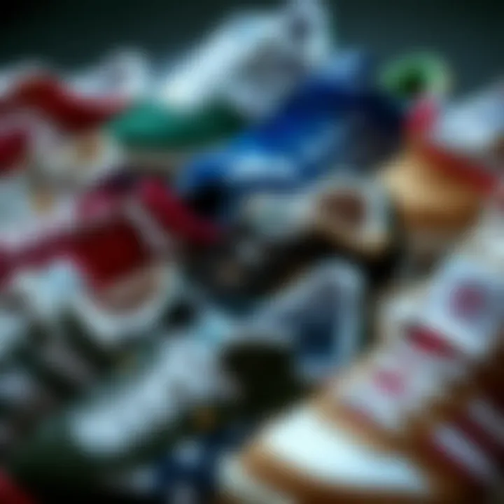 Variety of sports shoes arranged showcasing different styles