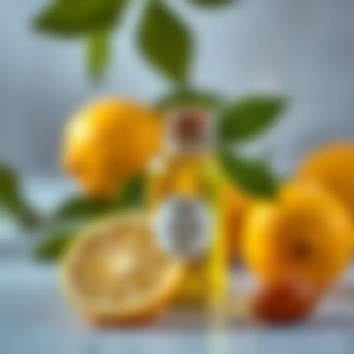 Lemon essential oil in a small glass bottle with citrus fruits