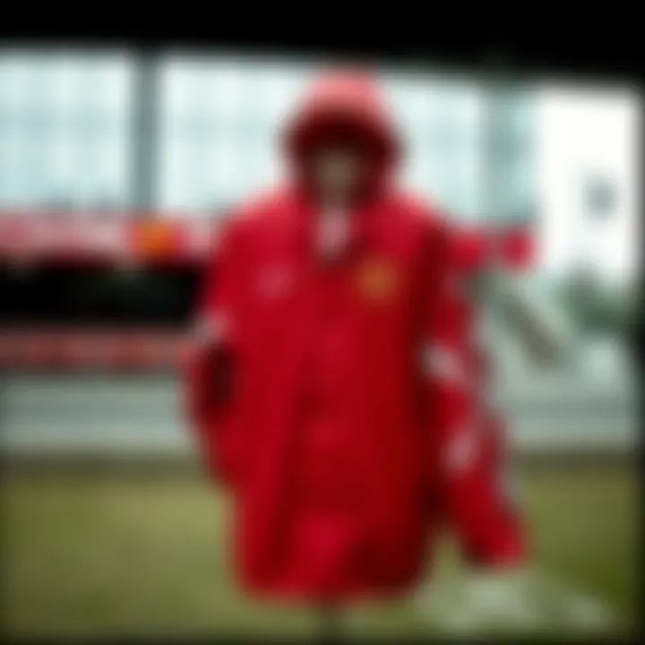 Stylish Manchester United raincoat displayed outdoors