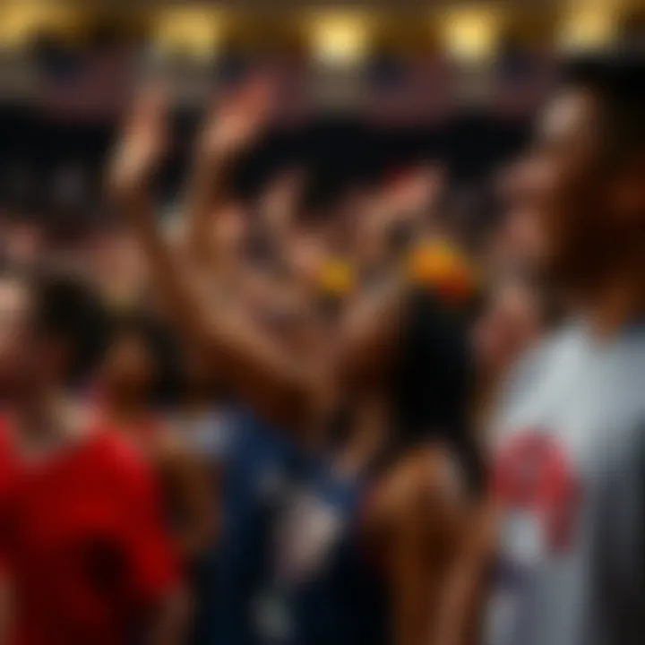 A cheering crowd at a bodybuilding competition celebrating athletes.