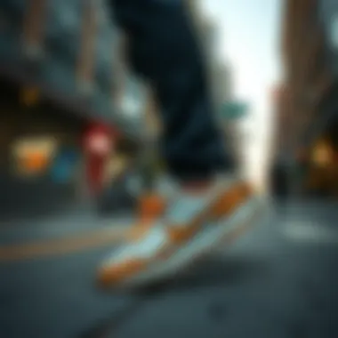 A stylish person wearing Nike retro shoes in an urban setting.