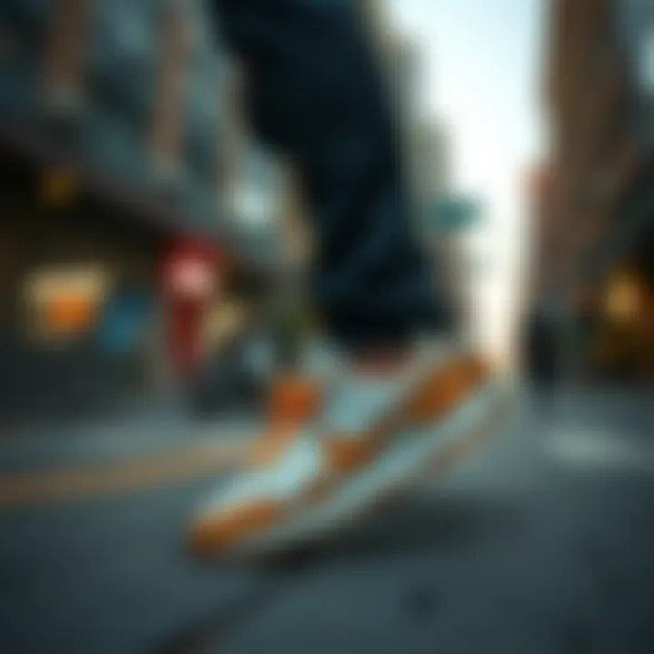 A stylish person wearing Nike retro shoes in an urban setting.