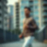 A stylish athlete wearing a Nike upper tracksuit while jogging in an urban setting.