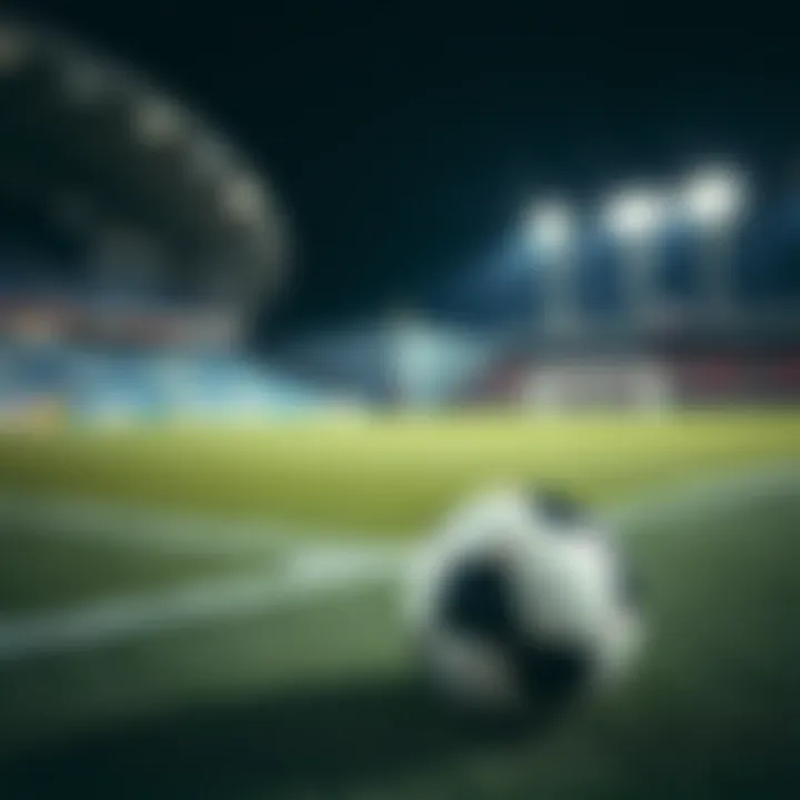 A football resting on a well-maintained pitch under bright stadium lights