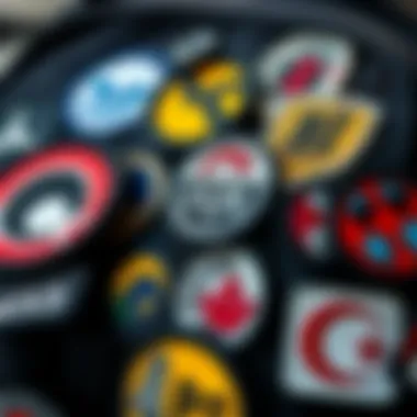 Close-up of various patch designs on bags