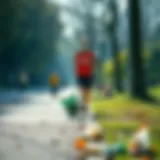 A runner collecting trash while jogging in a park